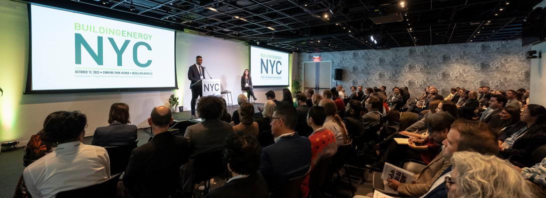 a view of the keynote address from BuildingEnergy NYC 2023